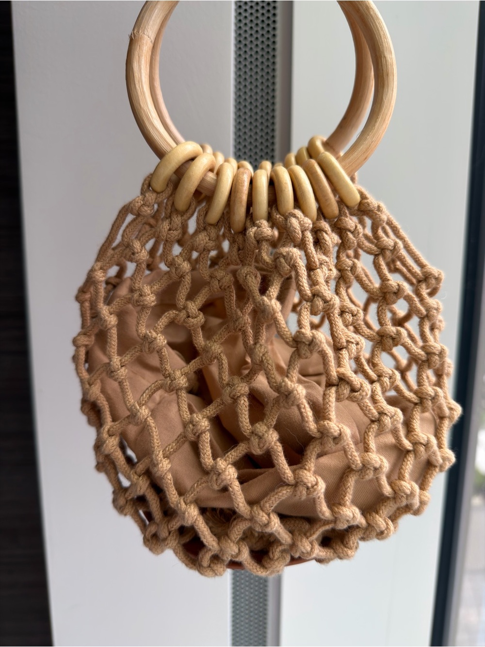 3/$45 Hand-Knotted Net Bag with Wooden Ring Handles - Camel
